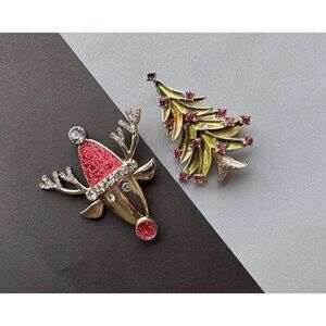Vintage 60s Signed OPIM GOLDTONE Christmas Tree & Reindeer Rhinestone Pin Brooch